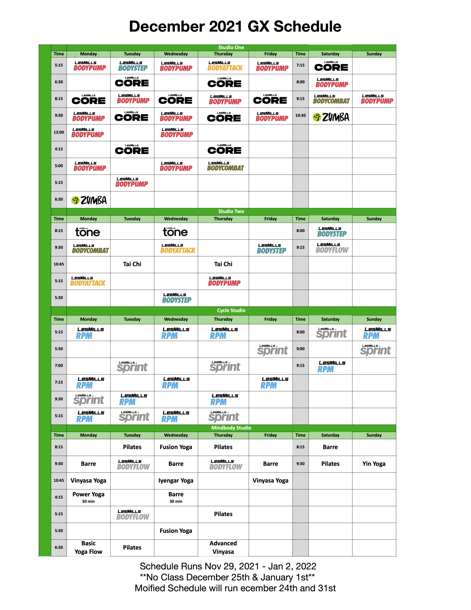 2021 Dec GX Schedule - CBRC Health & Wellness Clinic